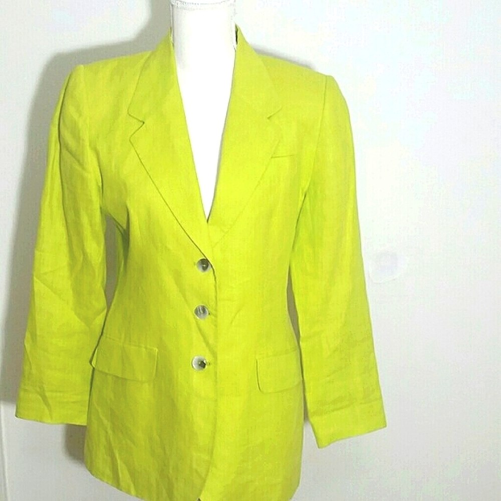 David N. Linen Blazer  Pistachio Green Vintage Oversized Petite Jacket Pockets M